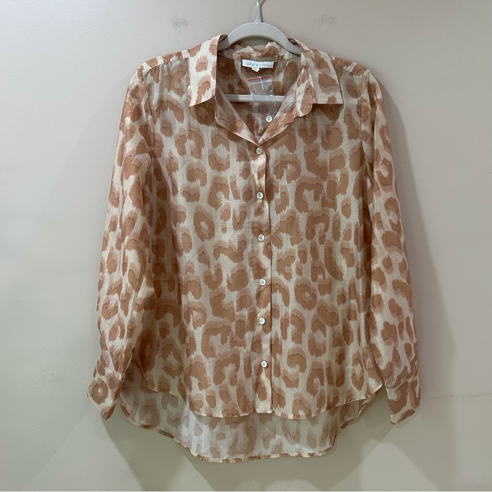 NWT Lucky & Coco Women's M Leopard Printed Button Up Shirt Top Brown Sheer
